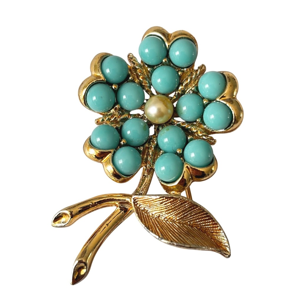 Vintage Sarah Coventry Flower Brooch Faux Turquoise Pearl Gold Tone Pin 1960s